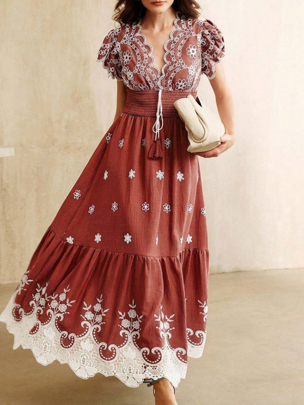 Red Boho Women's Embroidered Lace V-Neck Short Sleeve Cinched Maxi Dress - Picture 6 of 7